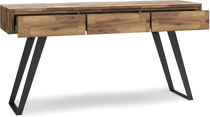 SIMPLIHOME Lowry SOLID ACACIA WOOD and Metal 60 Inch Wide Modern Industrial Console Sofa Table in Distressed Golden Wheat, For the Living Room, Entryway and Bedroom
