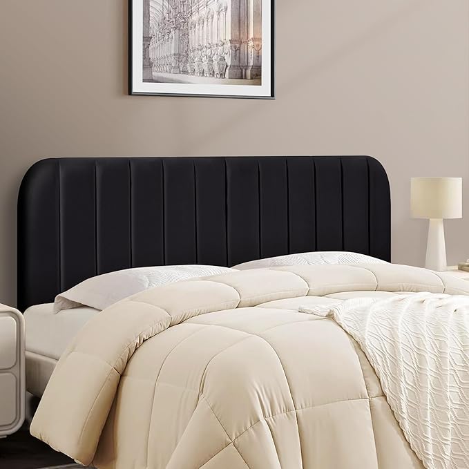 Upholstered Headboard - Striped Interval - Adjustable Height - Metal Legs - Bed Frame (Black, King (U.S. Standard))
