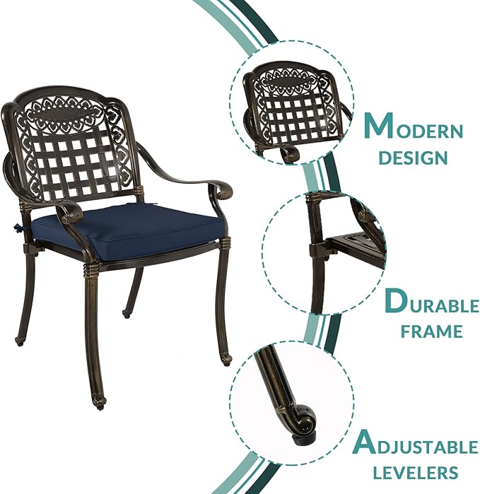 MEETWARM 9-Piece Outdoor Furniture Dining Set, All Weather Cast Aluminum Patio Garden Set with 8 Chairs, 8 Cushions, 1 Oval Table, 2" Umbrella Hole, Dark Bronze, Navy Blue