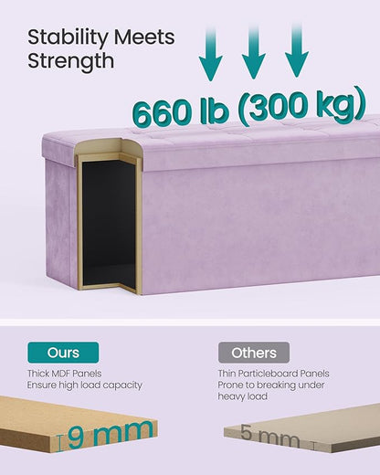 SONGMICS Mazie Collection - Storage Ottoman Bench, Foldable Foot Rest, 15 x 43 x 15 Inches, End of Bed Bench, Storage Chest, Load 660 lb, Living Room, Bedroom, Entryway, Light Lilac ULSF277P01