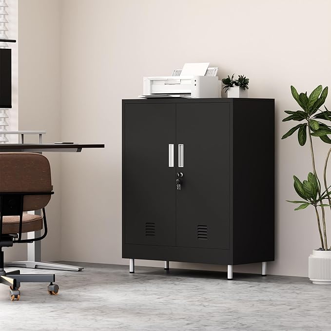 Metal Storage Cabinet with Locking Doors and Adjustable Shelves, Small Lockable Storage Cabinet for Home Office Garage Pantry Entryway Living Room (Black)