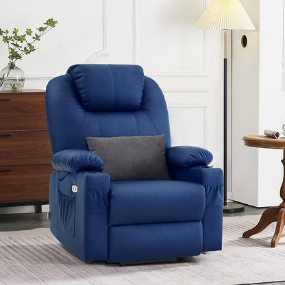 MCombo Dual Motor Large Power Lift Recliner Chair for Elderly, Lay Flat Lift Chair with Heat and Massage, Big Lift Recliner for Tall People, Faux Leather 7815 (Blue, Large)