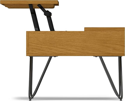 SIMPLIHOME Hunter Small Lift Top Coffee Table - 36 inch Wide Solid Oak Veneer and Metal Industrial Cocktail Table in Oak, Living Room Table with Hidden Storage, 2 Cubbies, and Hairpin Legs