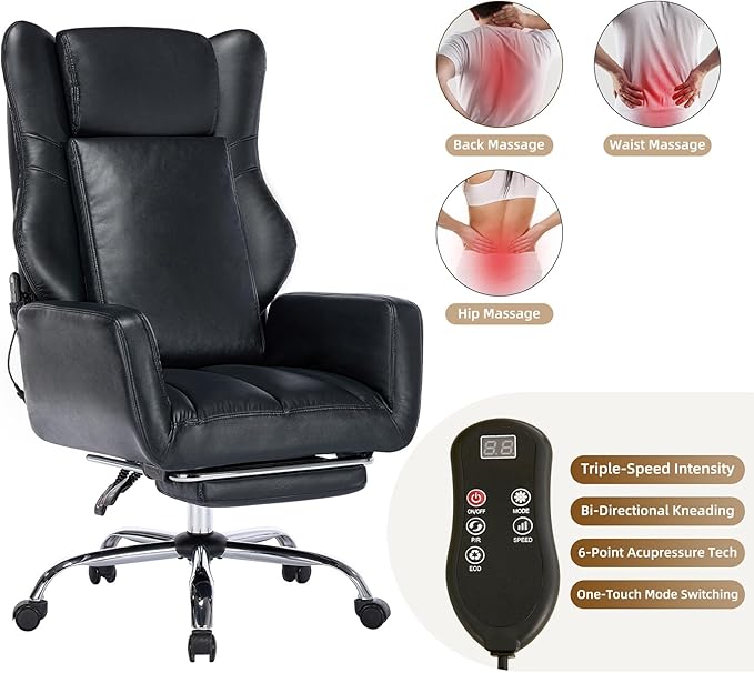 DYHOME Black Leather Office Chair with Massage and Footrest, Heavy Duty Task Desk Chairs Swivel Ergonomic Computer Gaming Chairs with Lumbar Support, Wheels Flip-up Arms Adjustable Height