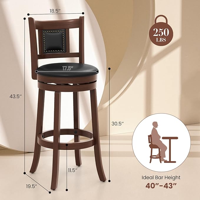 COSTWAY Bar Stools Set of 2, 30.5” Swivel Upholstered Bar Height Bar Stool with Curved Backrest & Cushioned Seat, Solid Rubber Wood Legs & Resting Footrest, for Kitchen Island (2, 30.5”)