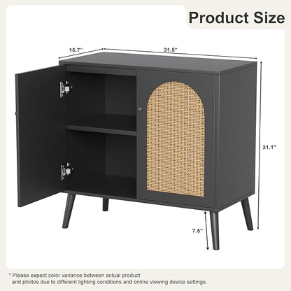Rattan Storage Cabinet, 2-Door Buffet Cabinet with Storage in Black, Adjustable Shelf, Elegant Rattan Door Sideboards for Stylish Home Organization 31.5" Black Set 2