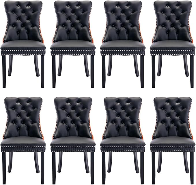 Leather Upholstered Dining Chairs Set of 8, Modern Style Kitchen Side Chairs with Nailhead Trim and Wood Leg, Metal Pulling Ring for Dining Room Living Room