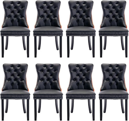 Leather Upholstered Dining Chairs Set of 8, Modern Style Kitchen Side Chairs with Nailhead Trim and Wood Leg, Metal Pulling Ring for Dining Room Living Room