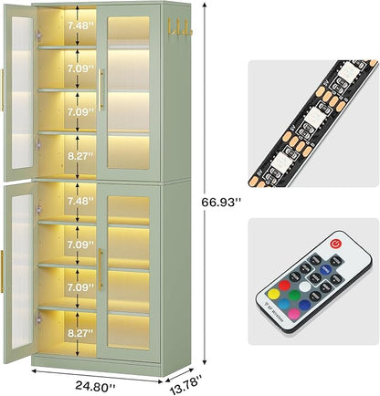 Tribesigns Tall Shoe Storage Cabinet with Acrylic Doors and LED Lights, 8-Tier Entryway Shoe Organizer Rack with Adjustable Shelves and Hanging Hooks for Narrow Closet, Hallway, Mint Green (Set of 2)
