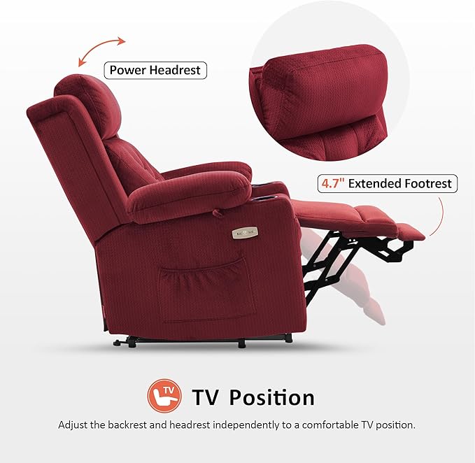 MCombo Medium Triple Motor Power Lift Recliner Chair with Massage and Heat for Elderly People, Adjustable Headrest, Infinite Position, USB Ports, Fabric 7661 (Burgundy, Medium)