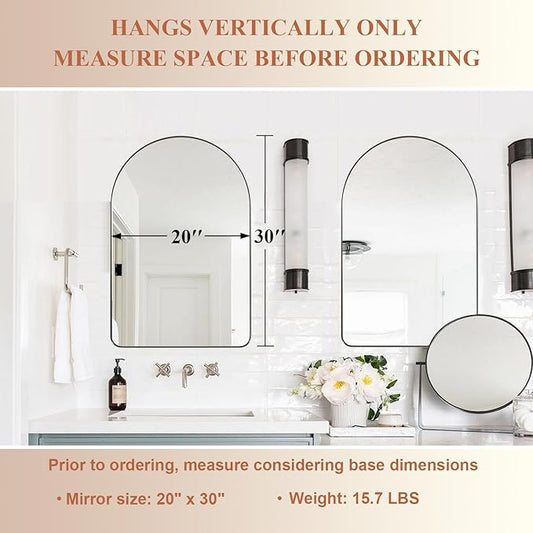 ANDY STAR Arched Mirror, 20" x 30" Brushed Nickle Bathroom Mirror in Stainless Steel Metal Frame, Arch Top Rounded Corner 1" Deep Set Design Wall Mount Hangs Vertical