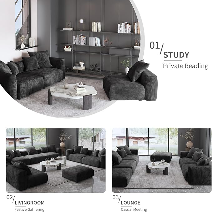 Oversized Modular Sectional Sofa with Ottomans,6 Seater Corduroy V Shaped Reversible Corner Couch,141.73" Convertible Sofa & Couch Free Combination for Living Rooom,Black