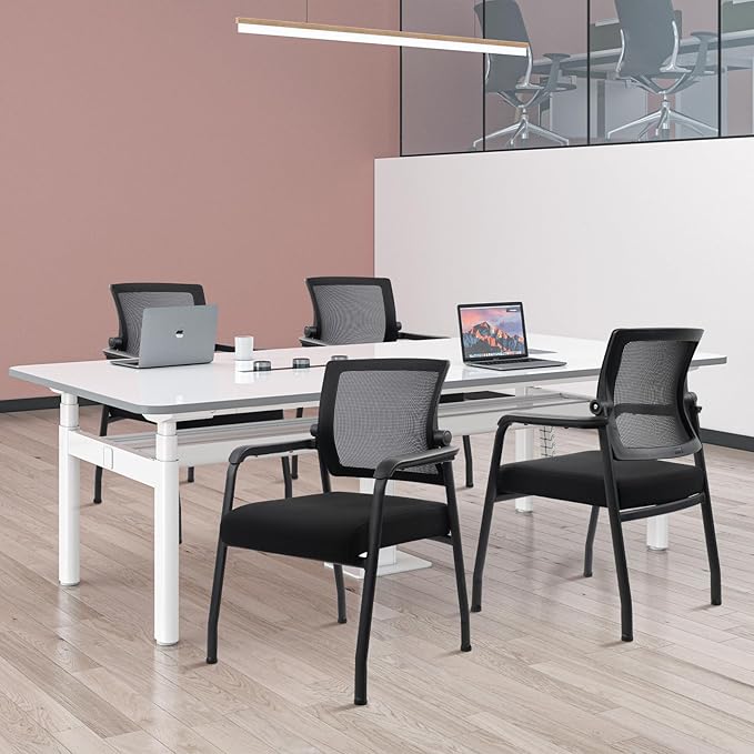 4PK Office Guest Chairs No Wheels | Ergonomic Lumbar Support and Thicked Seats Cushion, Desk Chair with Adjustable Mesh Back for Waiting Room School Church Reception，Black