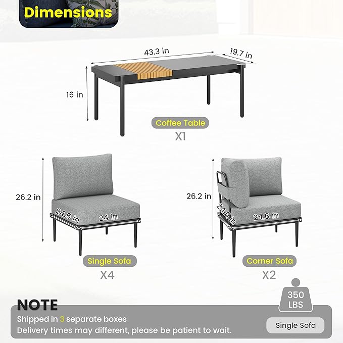 Sundale Outdoor 7 Pieces Metal Patio Furniture Set, Outdoor Sectional Sofa with 6 Inch Olefin Cushion, Modern Outdoor Conversation Sets (6 Seats, Grey Frame)
