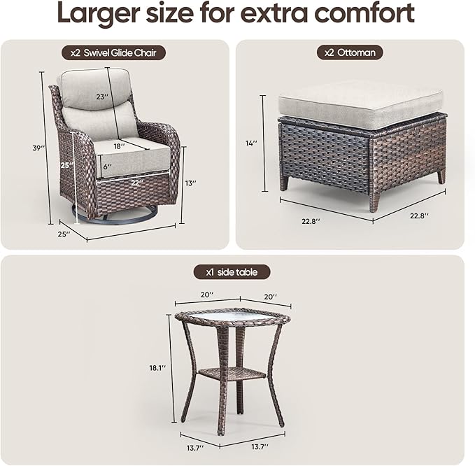 Swivel Patio Chairs sofa Set of 5 with 6" Thick Cushion - Wicker Outdoor Swivel Rocker Patio Chair with Side Table, High Back Comfortable Outdoor Glider Chairs - Brown Wicker | Beige Cushions