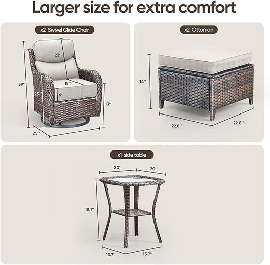 Swivel Patio Chairs sofa Set of 5 with 6" Thick Cushion - Wicker Outdoor Swivel Rocker Patio Chair with Side Table, High Back Comfortable Outdoor Glider Chairs - Brown Wicker | Beige Cushions