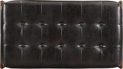 Christopher Knight Home Penley Modern Rectangular Faux Leather Upholstered Living Room Ottoman Bench/Coffee Table, Rubberwood Frame, Tufted Large Sofa Footstool, Multi-Functional, Dark Brown+Walnut
