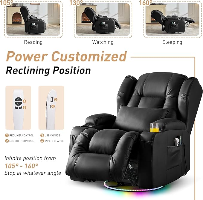 Power Swivel Rocker Recliner Chairs, Electric Wall Hugger Reclining Sofa with Massage & Heat, Comfy Theater Seating Single Chair with LED Light/USB/Type-C Ports (Leather Black, Single Chair)