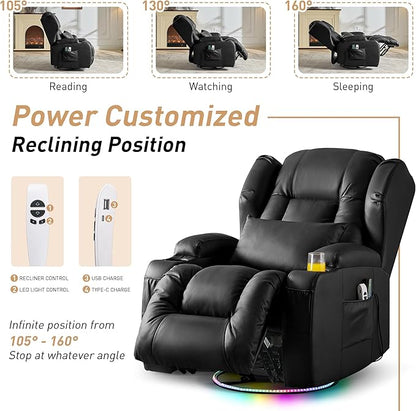 Power Swivel Rocker Recliner Chairs, Electric Wall Hugger Reclining Sofa with Massage & Heat, Comfy Theater Seating Single Chair with LED Light/USB/Type-C Ports (Leather Black, Set of 2)