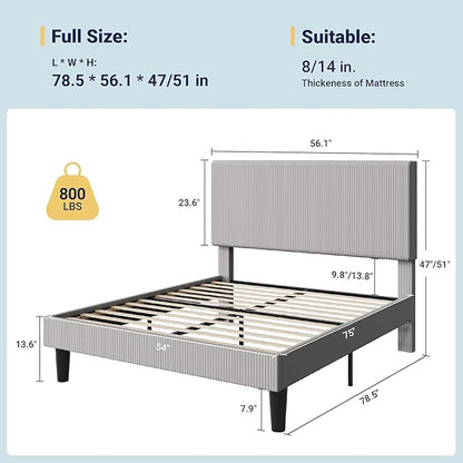 Allewie Full Size Upholstered Bed Frame with Vertical Channel Tufted Headboard, Soft Corduroy Fabric Platform Bed, Strong Wooden Slats Support, Easy Assembly, No Box Spring Needed, Light Grey