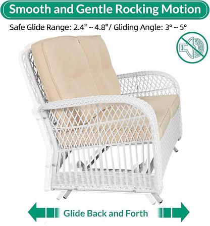VIVIJASON 4-Piece Outdoor Patio White Wicker Conversation Sets, All Weather Outdoor Rattan Furniture Set Includes Glider Loveseat, Coffee Table, 2 Rocking Chairs with Cushions for Backyard, Beige