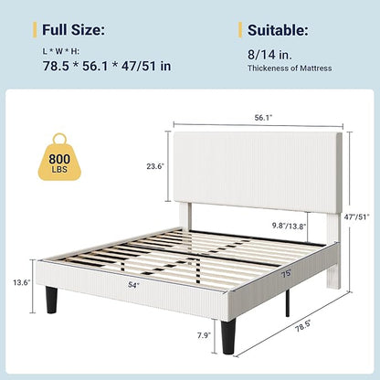 Allewie Full Size Upholstered Bed Frame with Vertical Channel Tufted Headboard, Soft Corduroy Fabric Platform Bed, Strong Wooden Slats Support, Easy Assembly, No Box Spring Needed, White
