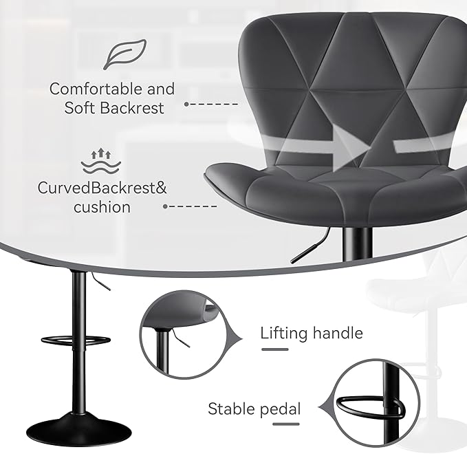 Bar Stools Set of 3,Adjustable Swivel Barstools, Faux Leather Bar Chairs,Upholstered Counter Height with High Backrest for Kitchen Island, Dark Grey