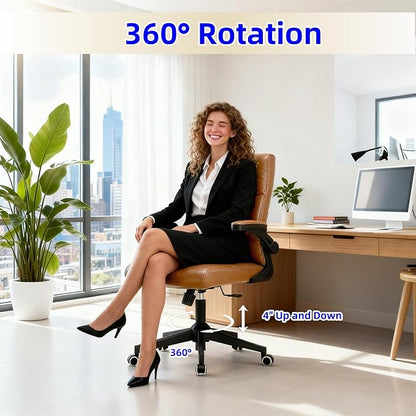 Ergonomic Office Desk Chair with Space Saving Flip-Up Arms, 360° Swivel & Reclining Back, High-Back Executive Chair in Soft Faux Leather for Office&Study (Brown)