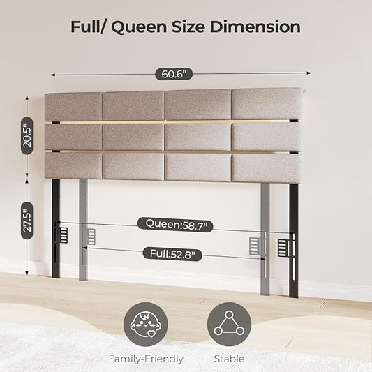 Full/Queen Size Upholstered Headboard, Adjustable Head boards with LED Light & Charging Station, Bed Headboard Only, Attach Frame, Study & Comfortable, Ideal for Bedroom, Dorm, Guest Room, Beige