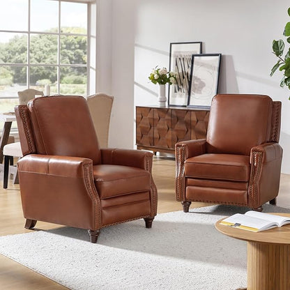 HULALA HOME Genuine Leather Recliner Chair, Classic Push Back Recliner Armchair with Thick Seat and Backrest (Saddle)