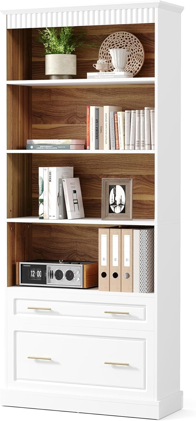 LITTLE TREE 72-Inch Tall White Bookcase, 5-Tier Wooden Open Display Bookshelf with 2 Drawers fits Letter, Legal, A4 Size, Modern Floor Standing Storage Organizer for Home Office & Living Room,Bedroom