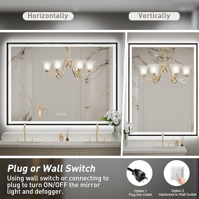 48x30 Inch LED Bathroom Mirror with Lights, Frontlit & Backlit Black Metal Frame Mirror, Wall Mounted Lighted Vanity Mirrors, Double Lights Strips,Anti Fog Dimmable & 3 Colors Temperature