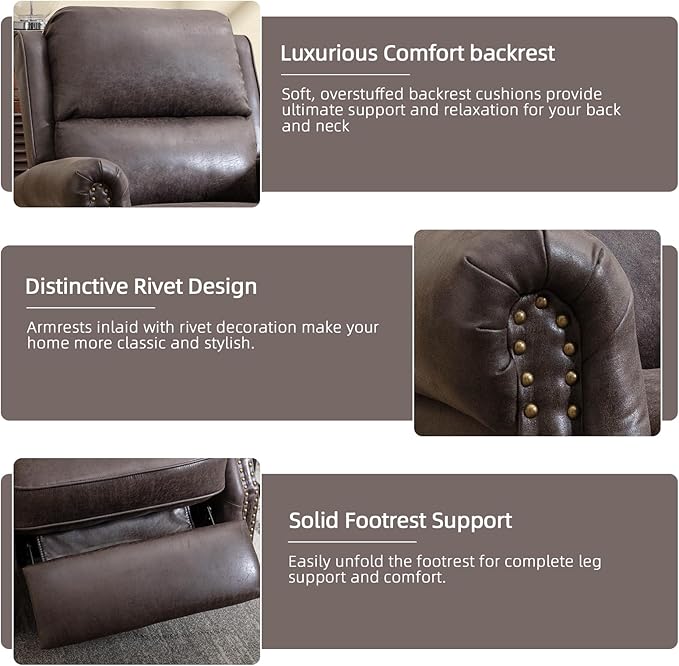 Push Back Recliner Chair Faux Leather Lounge Armchair with Rivet Decoration Wingback Single Sofa Chair with Padded Seat Solid Wood Legs for Living Room, Comfy Upholstered Set of 2, Dark Grey