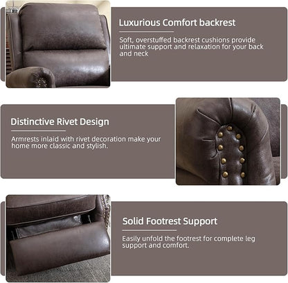 Push Back Recliner Chair Faux Leather Lounge Armchair with Rivet Decoration Wingback Single Sofa Chair with Padded Seat Solid Wood Legs for Living Room, Comfy Upholstered, Dark Grey
