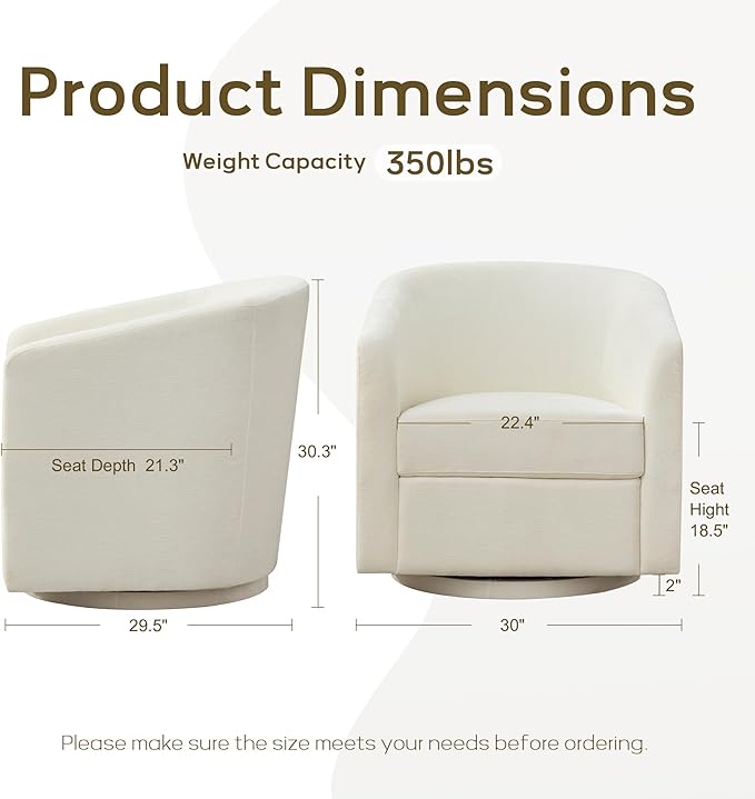 Chenille Swivel Accent Chair, Living Room Chairs, No Assembly Upholstered Armchair, 360°Rotating Barrel Chair for Bedroom, Apartment & Reading Nook (1, Cream White)