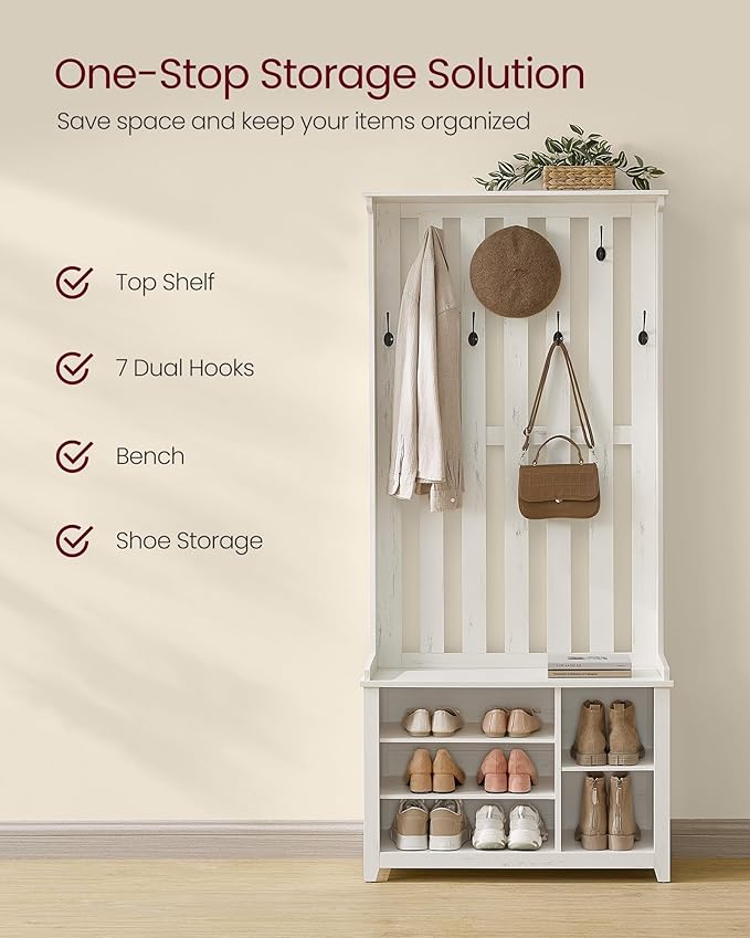 VASAGLE Hall Tree with Bench and Shoe Storage, Coat Rack with Shoe Bench, 7 Double Hooks for Jackets, Hats, Entryway, Bedroom, Living Room, 13.8 x 31.9 x 70.9 Inches, Rustic White UHSR414W01