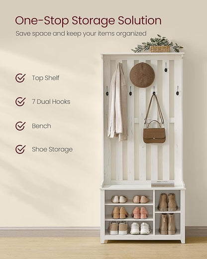 VASAGLE Hall Tree with Bench and Shoe Storage, Coat Rack with Shoe Bench, 7 Double Hooks for Jackets, Hats, Entryway, Bedroom, Living Room, 13.8 x 31.9 x 70.9 Inches, Rustic White UHSR414W01