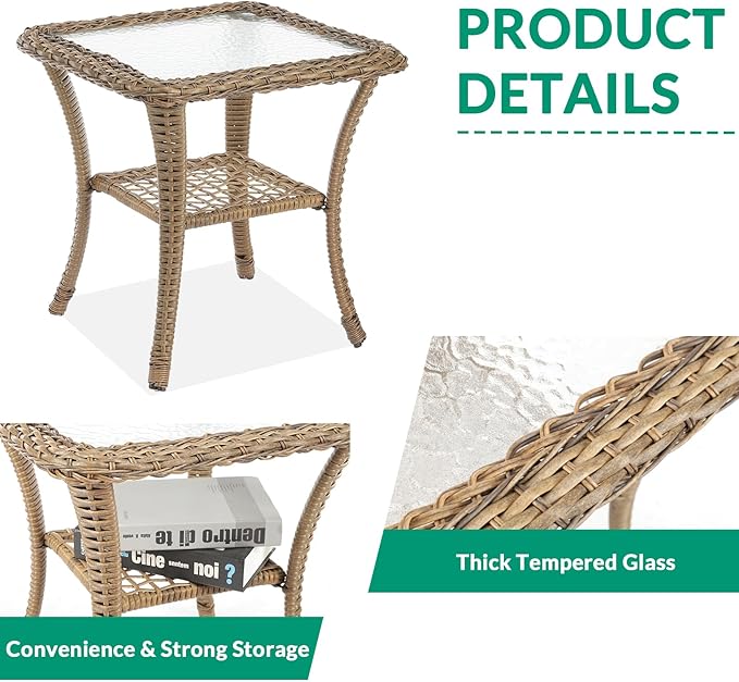 VIVIJASON 3-Piece Outdoor Conversation Bistro Set, Patio Swivel Glider Rocking Chairs Rattan Furniture Sets w/ 2 Rattan Chairs, Cushions, Glass Top Side Table for Porch Backyard, Navy Blue