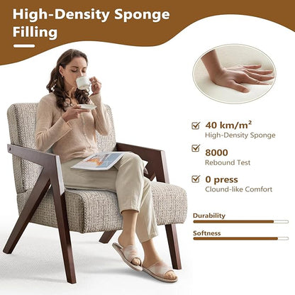 Bonzy Home Mid-Century Modern Accent Chair with Wood Frame, Upholstered Armchair for Bedroom & Living Room, Linen Fabric Cushion, Z-Shaped Armrest Design, Sturdy Lounge Chair,Brown