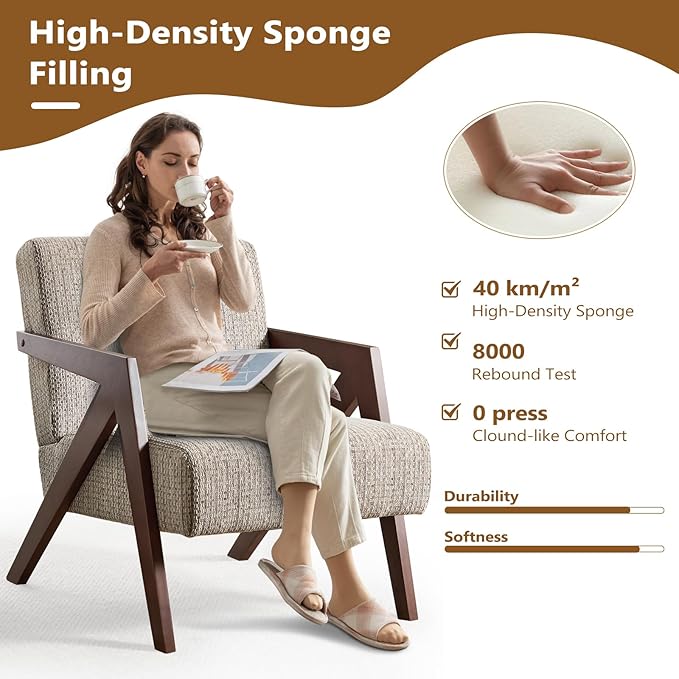 Bonzy Home Mid-Century Modern Accent Chair Set of 2 with Wood Frame, Upholstered Armchair for Bedroom & Living Room, Linen Fabric Cushion, Z-Shaped Armrest Design, Sturdy Lounge Chair,Brown