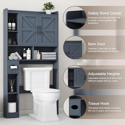 Vabches Over The Toilet Storage Cabinet, Farmhouse Storage Cabinet Over Toilet with 2 Barn Door & Toilet Paper Holder Stand，Home Space-Saving Toilet Rack, for Bathroom, Restroom, Laundry,Blue