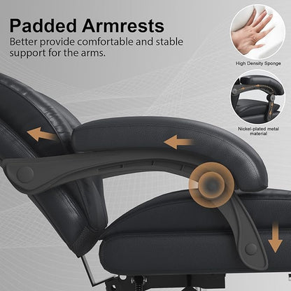Big and Tall Office Chair, Executive Home Office Desk Chair, Leather Computer Chair with Retractable Footrest, Adjustable Headrest and Reclining Height, Padded Arms, 360°Swivel Free, Wide Seat, Black