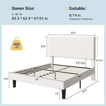 Allewie Queen Size Upholstered Bed Frame with Vertical Channel Tufted Headboard, Soft Corduroy Fabric Platform Bed, Strong Wooden Slats Support, Easy Assembly, No Box Spring Needed, White
