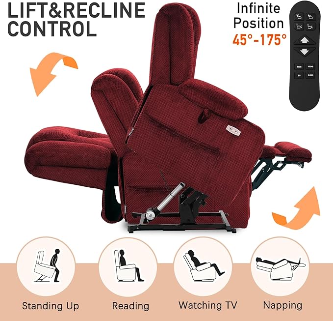 EONIX Lay Flat Power Lift Recliner Chair with Heat and Massage, Dual Motor Electric Lift Chair for Elderly for Postoperative Recovery, 400lbs Heavy Duty, Cup Holders, Lumbar Pillow, Burgundy