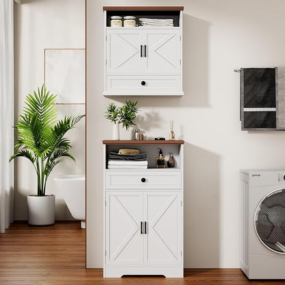 White Floor Cabinet, Farmhouse Storage Cabinet with Barn Doors and Drawer, Freestanding Adjustable Shelf Cabinets for Bathroom, Kitchen, Living Room