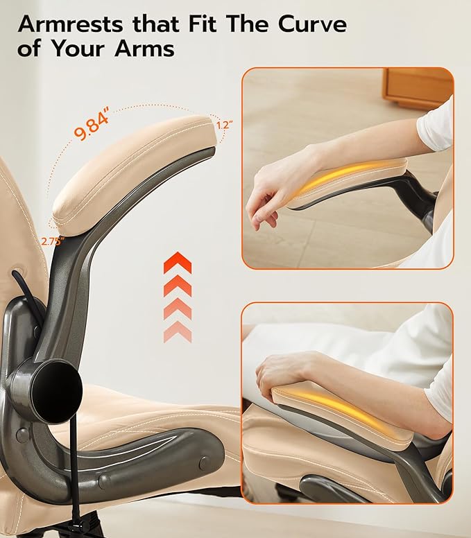 Office Desk Chair, Ergonomic Computer Chair with Padded Flip-Up Arms and Adjustable Lumbar Support, PU Leather Executive Chair with Tilt Lock and 360° Swivel Rolling Wheels for Work, Study