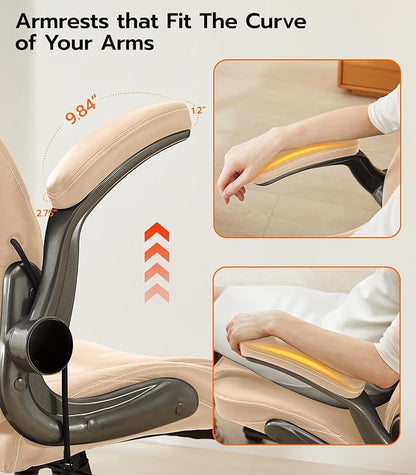 Office Desk Chair, Ergonomic Computer Chair with Padded Flip-Up Arms and Adjustable Lumbar Support, PU Leather Executive Chair with Tilt Lock and 360° Swivel Rolling Wheels for Work, Study
