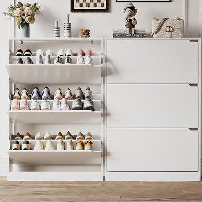 Shoe Storage Cabinet for Entryway with 3 Flip Drawers, Sturdy Wood Hidden Shoe Storage, Freestanding Narrow Slim Shoe Organizer for Front Door Entrance, Living Room, Hallway, Bedroom, White