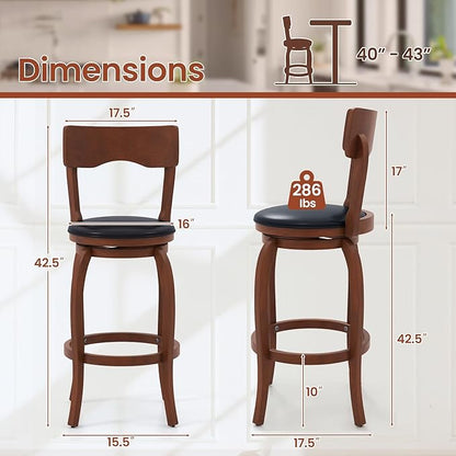 COSTWAY Bar Stools Set of 2, 29 Inch Swivel Bar Height Chairs with Rubber Wood Frame, Upholstered Seat, High Back Barstools for Kitchen Island, Home Bar, Pub, Brown (2, Seat Height: 29”)