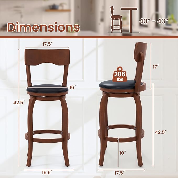 COSTWAY Bar Stools Set of 4, 29 Inch Swivel Bar Height Chairs with Rubber Wood Frame, Upholstered Seat, High Back Barstools for Kitchen Island, Home Bar, Pub, Brown (4, Seat Height: 29”)
